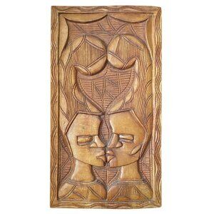 Vintage Large Carved Mahogany Wall Plaque Two People Kissing